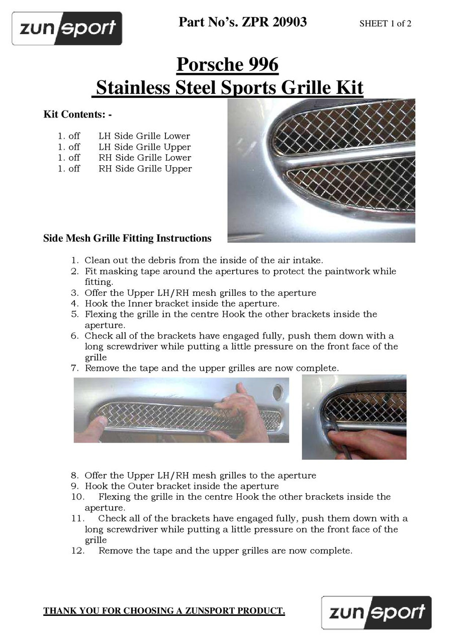 Porsche Carrera 996 Manual Outer Grille Set Zunsport